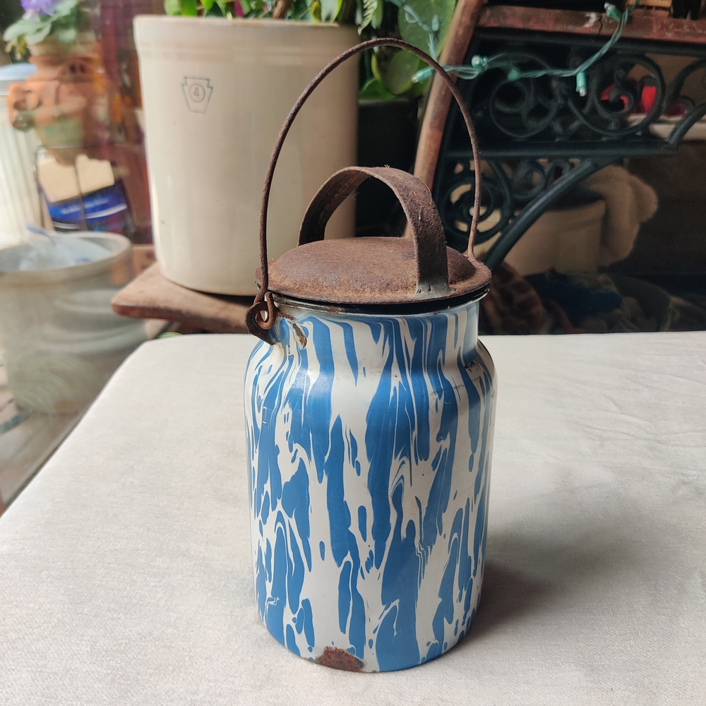 Antique Graniteware Milk Canister Pail Blue White Swirl Metal Lid Wire Handle